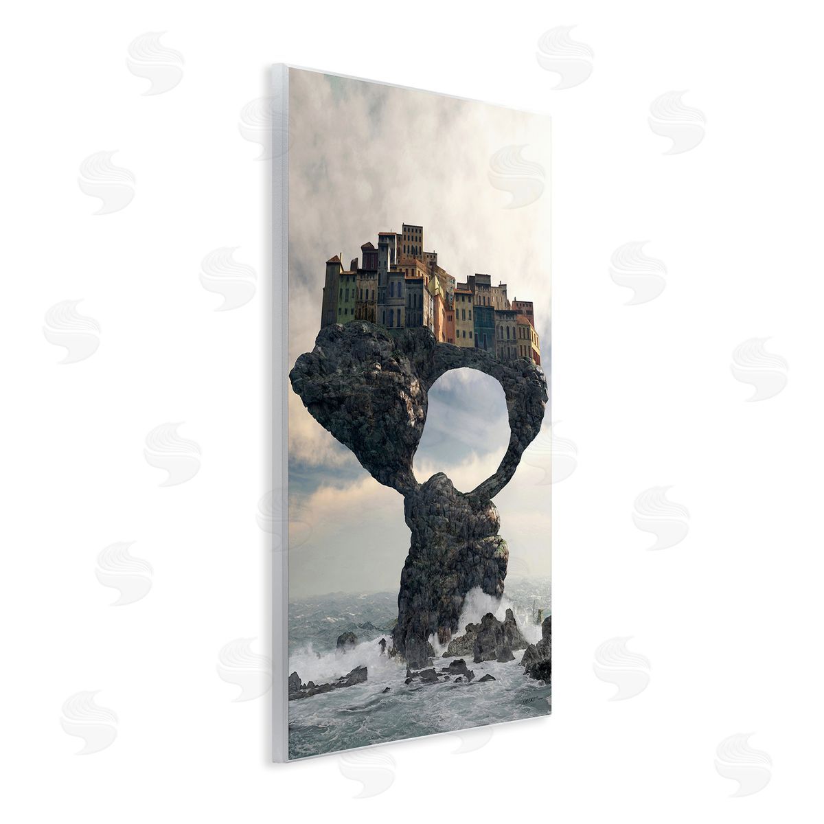 Cynthia Decker Surreal City Atop Rocks Cliff Sea Waves Splashing  Wall Plaque Art Print