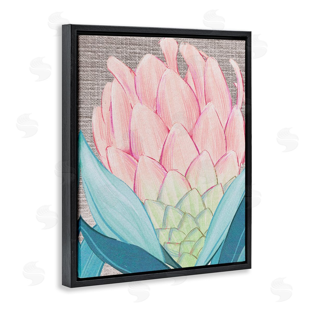Ziwei Li Hatched Pattern Dahlia Bud Pink Spring Blooms  Black Floating Frame Canvas Wall Art Print