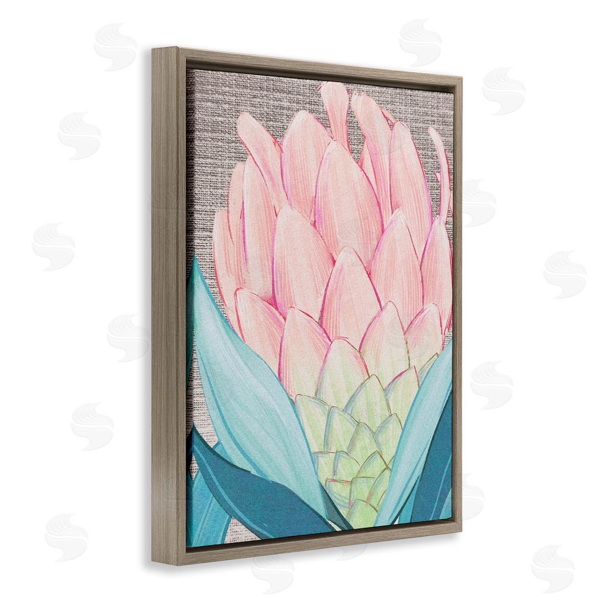 Ziwei Li Hatched Pattern Dahlia Bud Pink Spring Blooms  Brown Floating Frame Canvas Wall Art Print