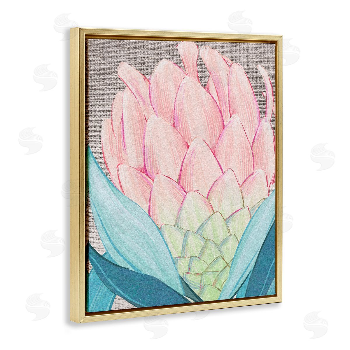 Ziwei Li Hatched Pattern Dahlia Bud Pink Spring Blooms  Gold Floating Frame Canvas Wall Art Print
