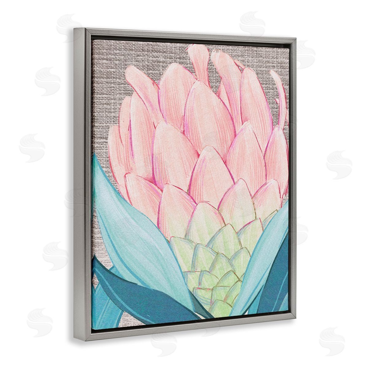 Ziwei Li Hatched Pattern Dahlia Bud Pink Spring Blooms  Gray Floating Frame Canvas Wall Art Print