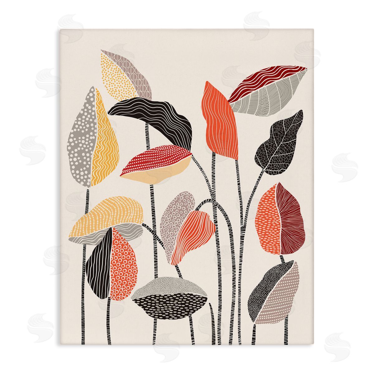 Ioana Horvat Modern Stripes Squiggle Pattern Flower Sprigs Botanical  Stretched Canvas Wall Art Print