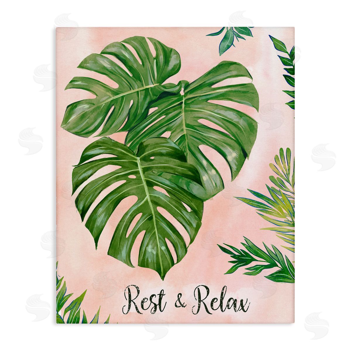 Ziwei Li Rest & Relax Pink Tropical Monstera Plant Leaves  Stretched Canvas Wall Art Print