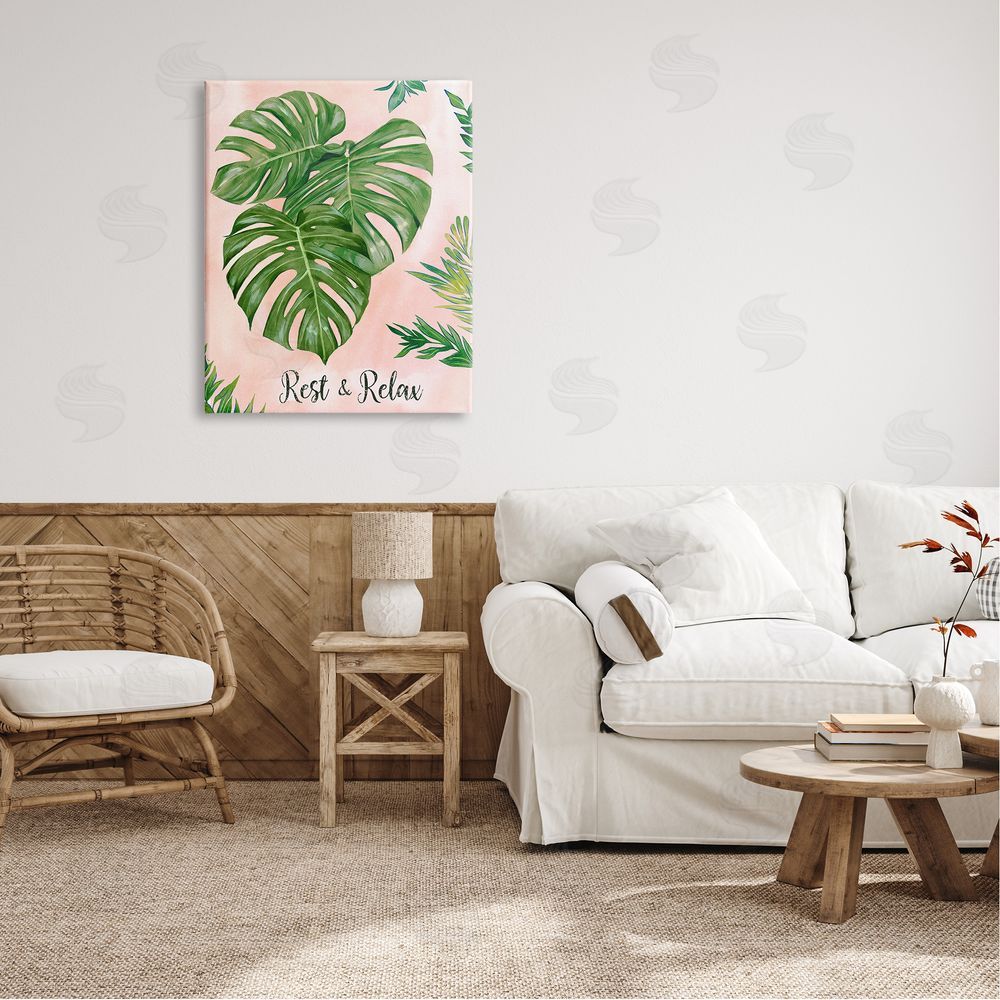 Ziwei Li Rest & Relax Pink Tropical Monstera Plant Leaves  Canvas Wall Art Print in Room