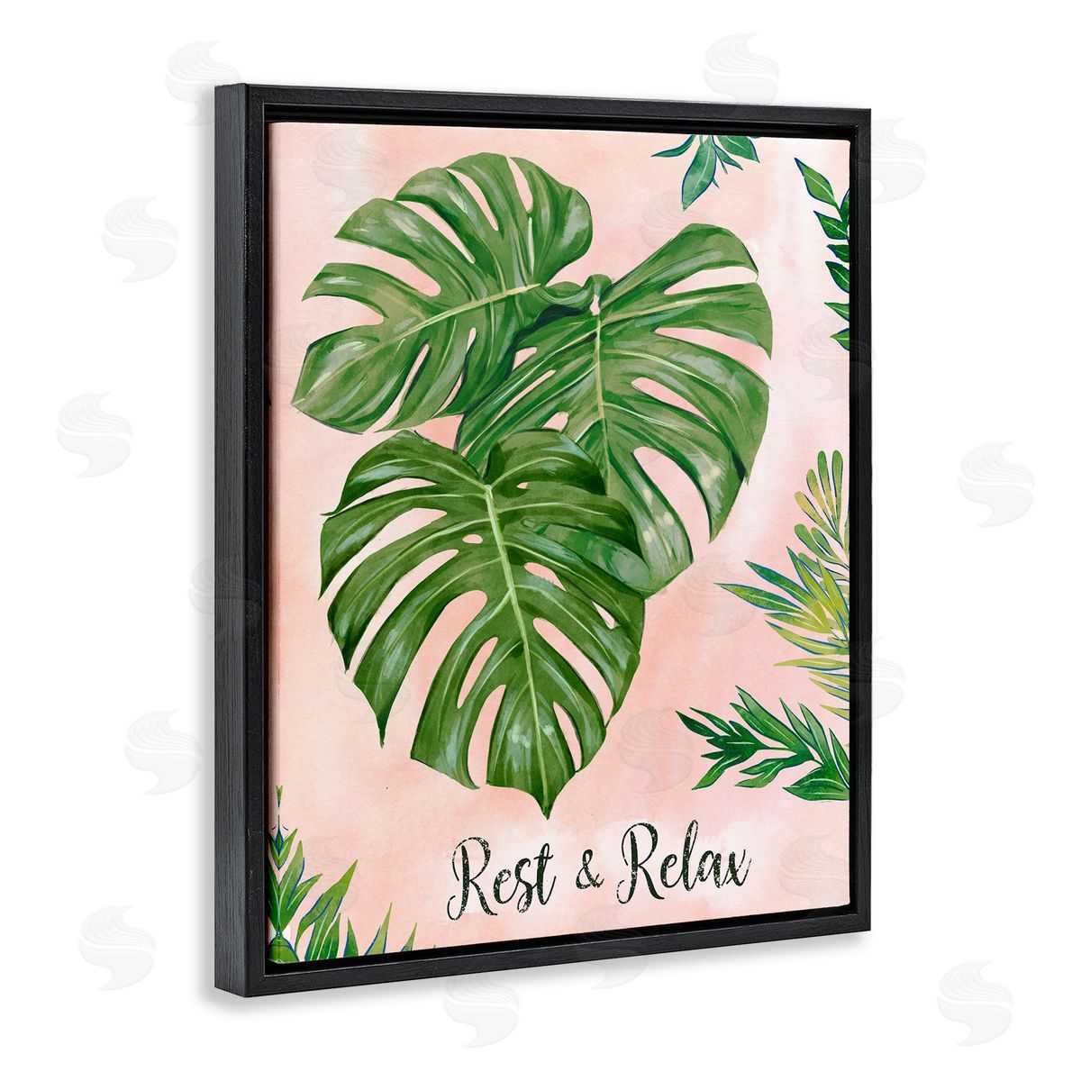 Ziwei Li Rest & Relax Pink Tropical Monstera Plant Leaves  Black Floating Frame Canvas Wall Art Print
