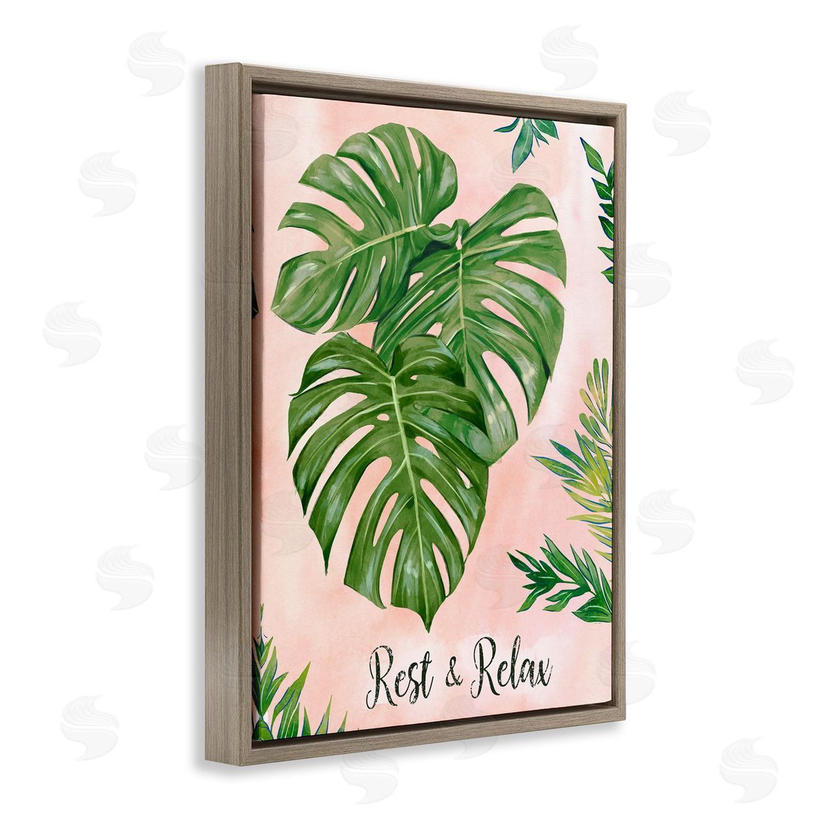 Ziwei Li Rest & Relax Pink Tropical Monstera Plant Leaves  Brown Floating Frame Canvas Wall Art Print