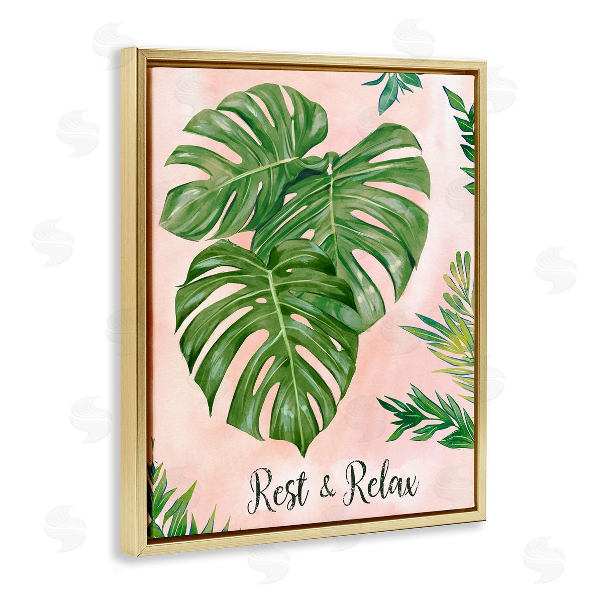 Ziwei Li Rest & Relax Pink Tropical Monstera Plant Leaves  Gold Floating Frame Canvas Wall Art Print