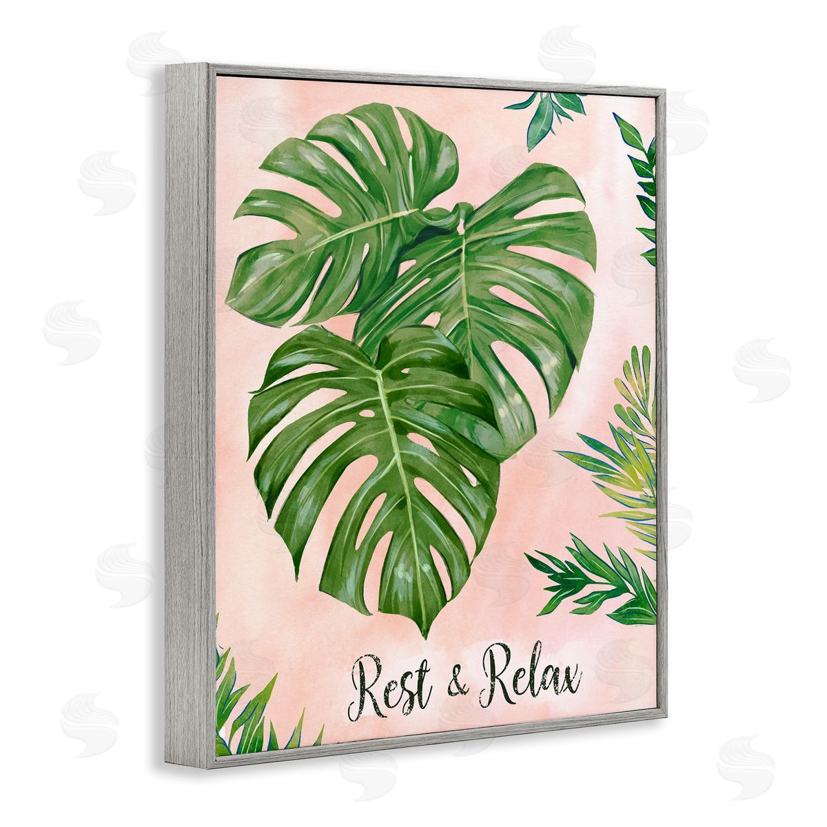 Ziwei Li Rest & Relax Pink Tropical Monstera Plant Leaves  Gray Framed Giclee Wall Art Print