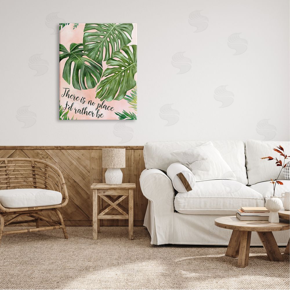 Ziwei Li No Place I'd Rather Be Calligraphy Monstera Botanical Leaves Canvas Wall Art Print in Room