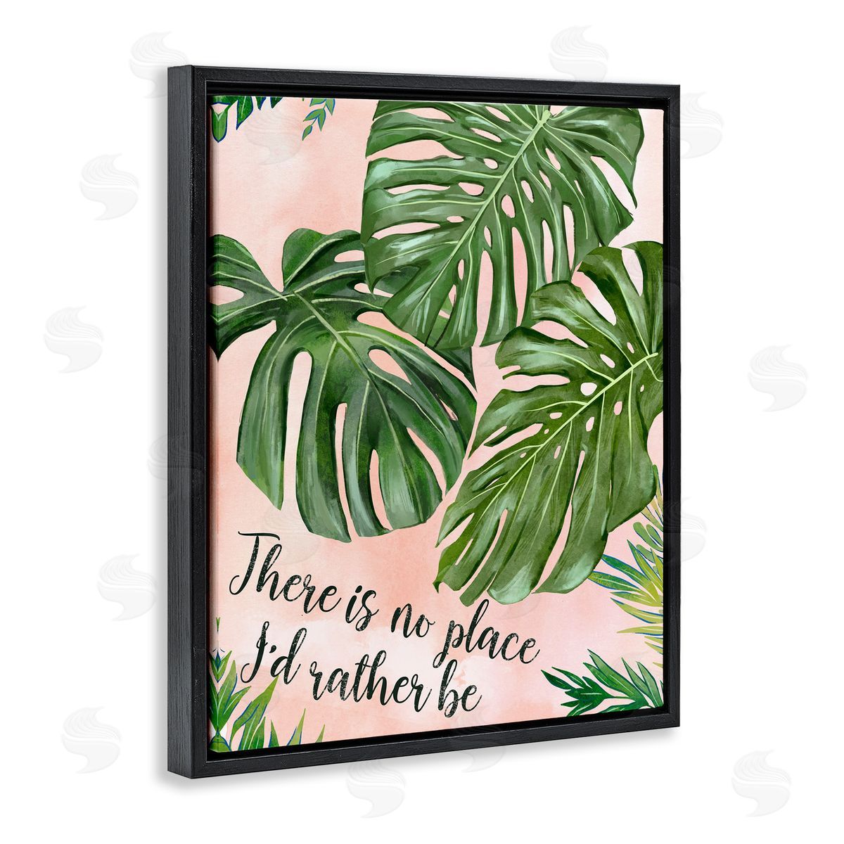 Ziwei Li No Place I'd Rather Be Calligraphy Monstera Botanical Leaves Black Floating Frame Canvas Wall Art Print