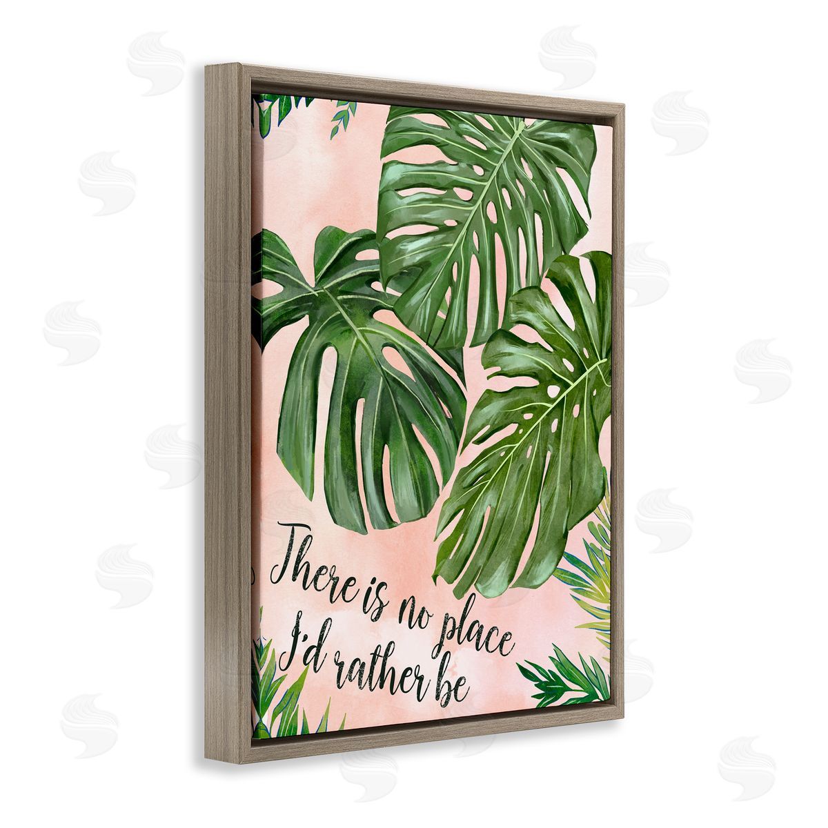 Ziwei Li No Place I'd Rather Be Calligraphy Monstera Botanical Leaves Brown Floating Frame Canvas Wall Art Print