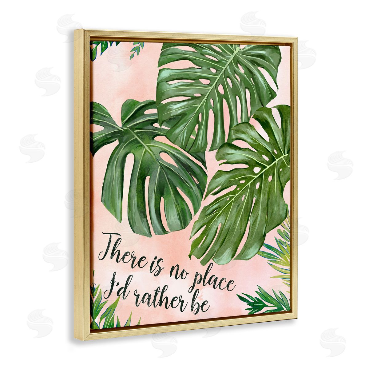 Ziwei Li No Place I'd Rather Be Calligraphy Monstera Botanical Leaves Gold Floating Frame Canvas Wall Art Print