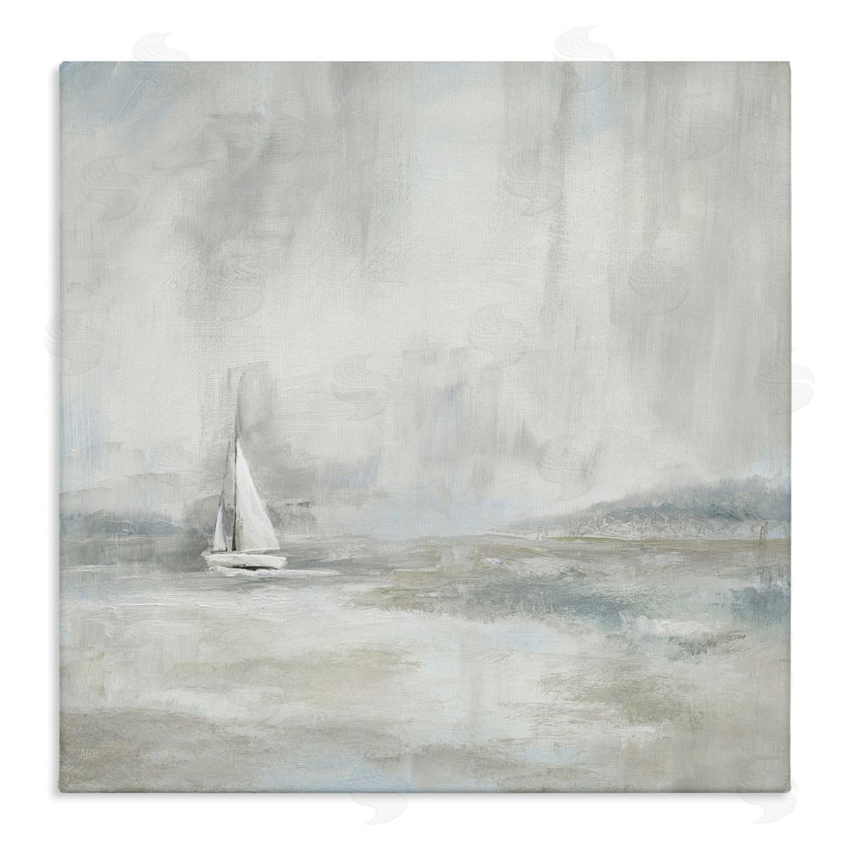 Nan Abstract Sailboat Drifting Ocean Waves Beige Neutrals  Stretched Canvas Wall Art Print