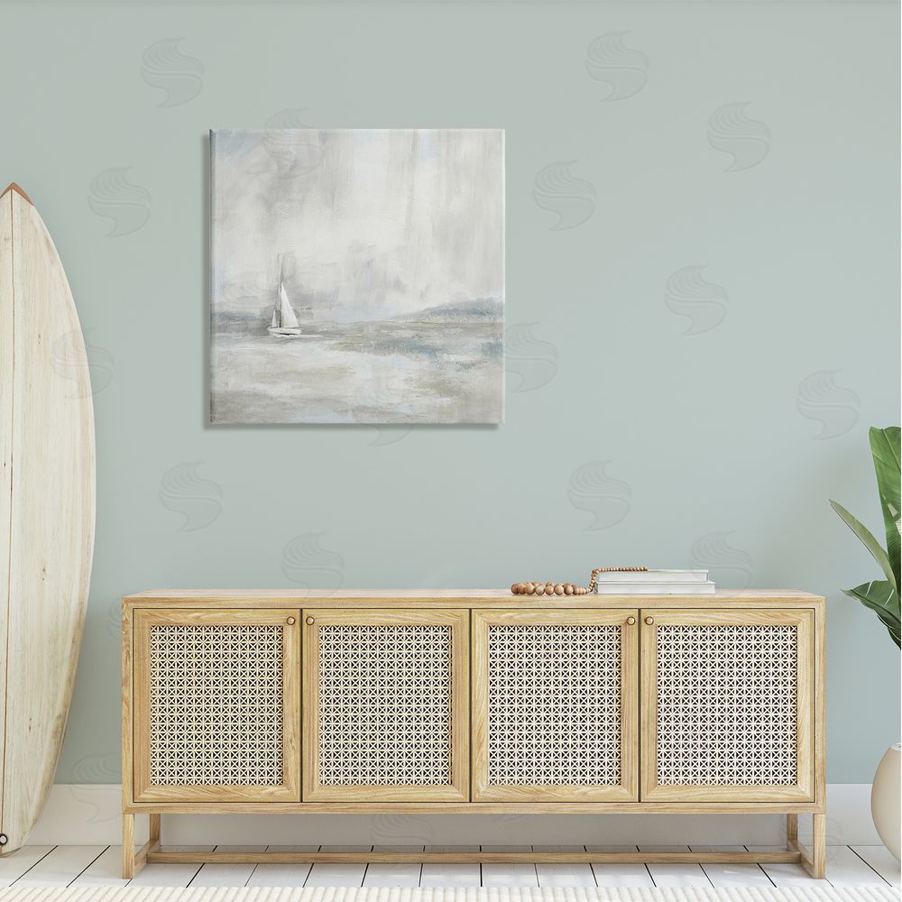 Nan Abstract Sailboat Drifting Ocean Waves Beige Neutrals  Canvas Wall Art in Room