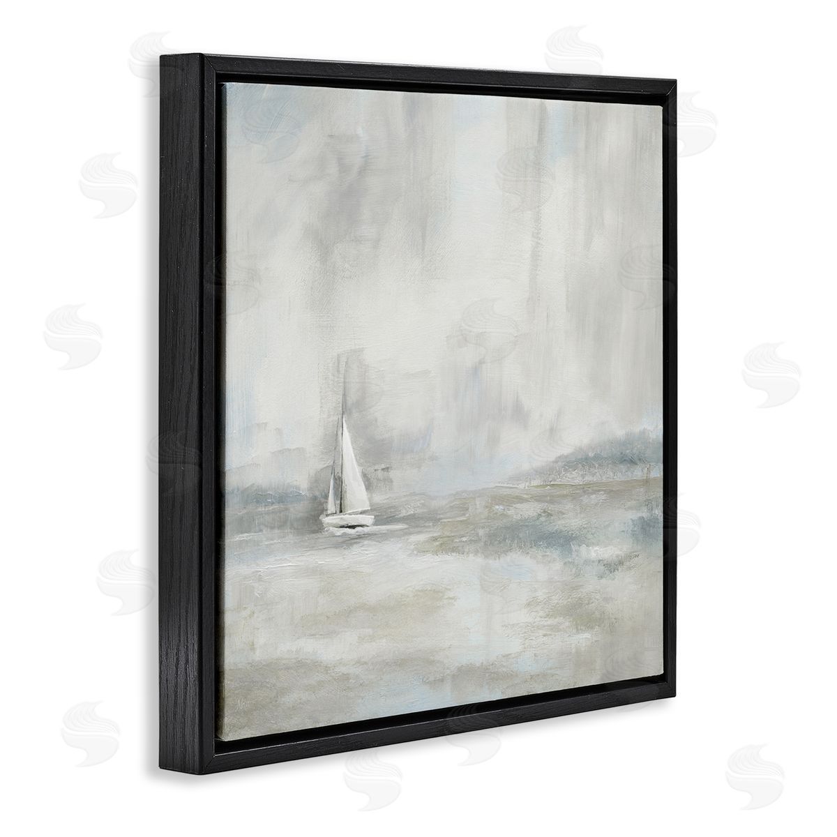 Nan Abstract Sailboat Drifting Ocean Waves Beige Neutrals  Black Floating Frame Canvas Wall Art Print
