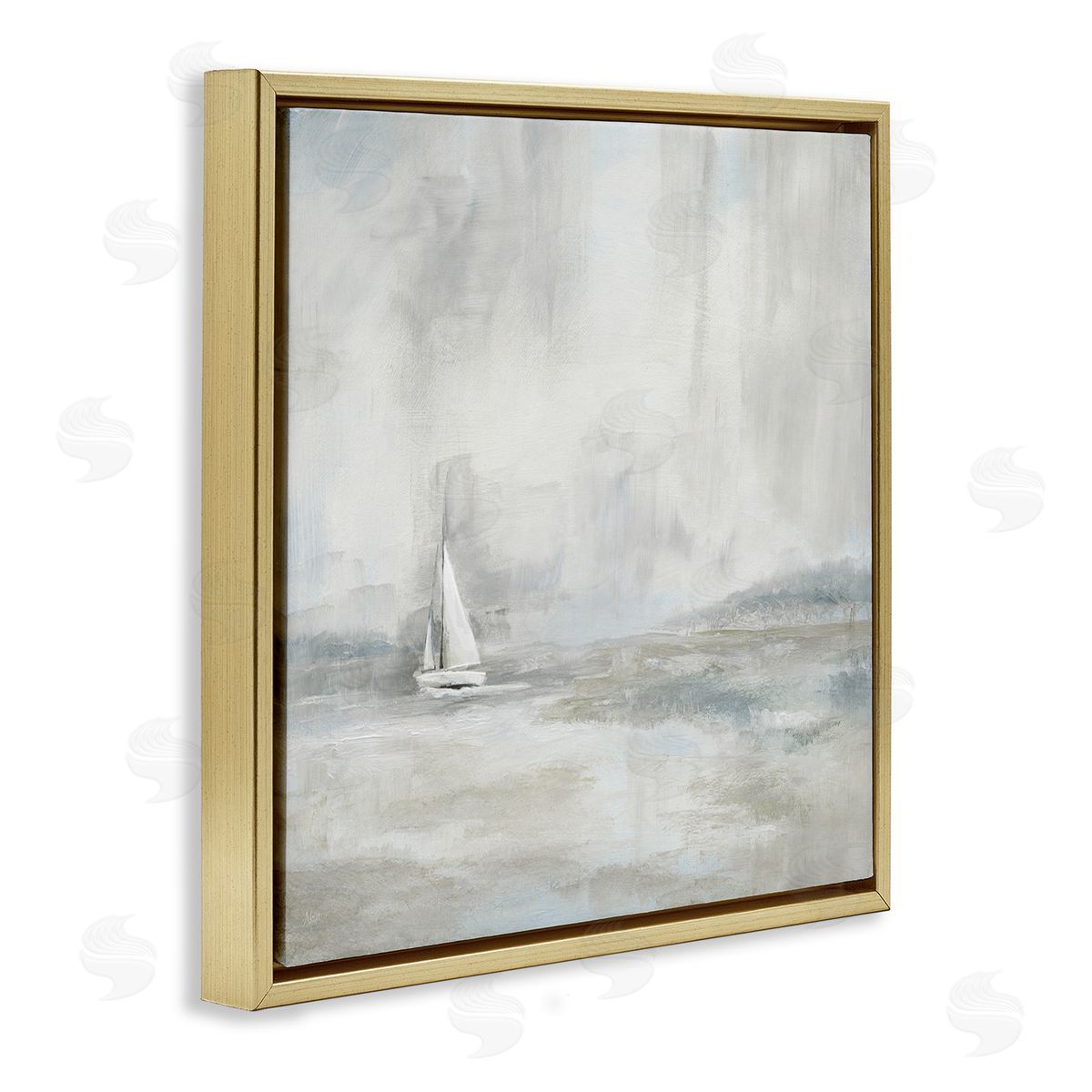 Nan Abstract Sailboat Drifting Ocean Waves Beige Neutrals  Gold Floating Frame Canvas Wall Art Print