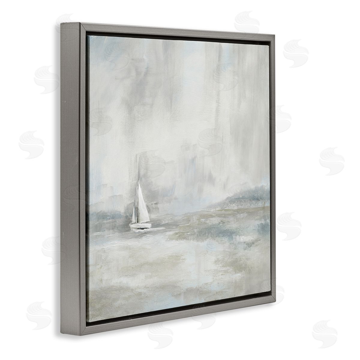 Nan Abstract Sailboat Drifting Ocean Waves Beige Neutrals  Gray Floating Frame Canvas Wall Art Print