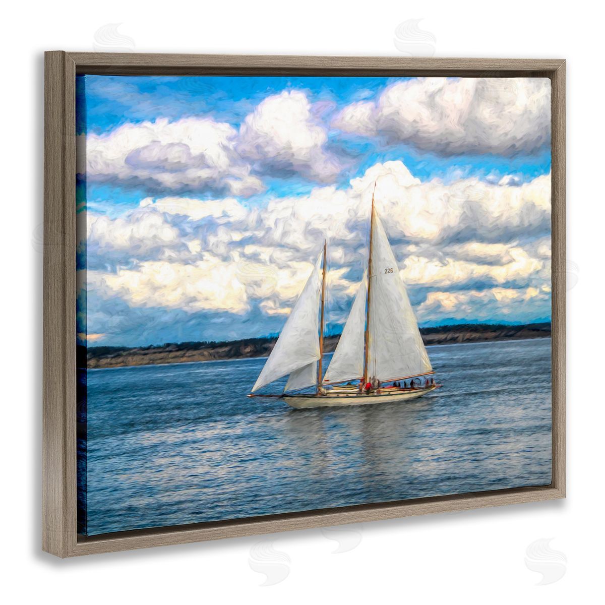 Daniel Sproul Quaint Sailboat Floating Ocean Fluffy White Clouds  Brown Floating Frame Canvas Wall Art Print