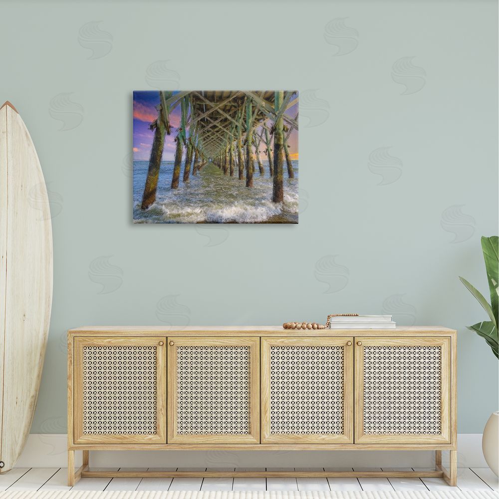 Daniel Sproul Ocean Foam Underneath Boardwalk Bridge Dock Sunset  Canvas Wall Art Print in Room