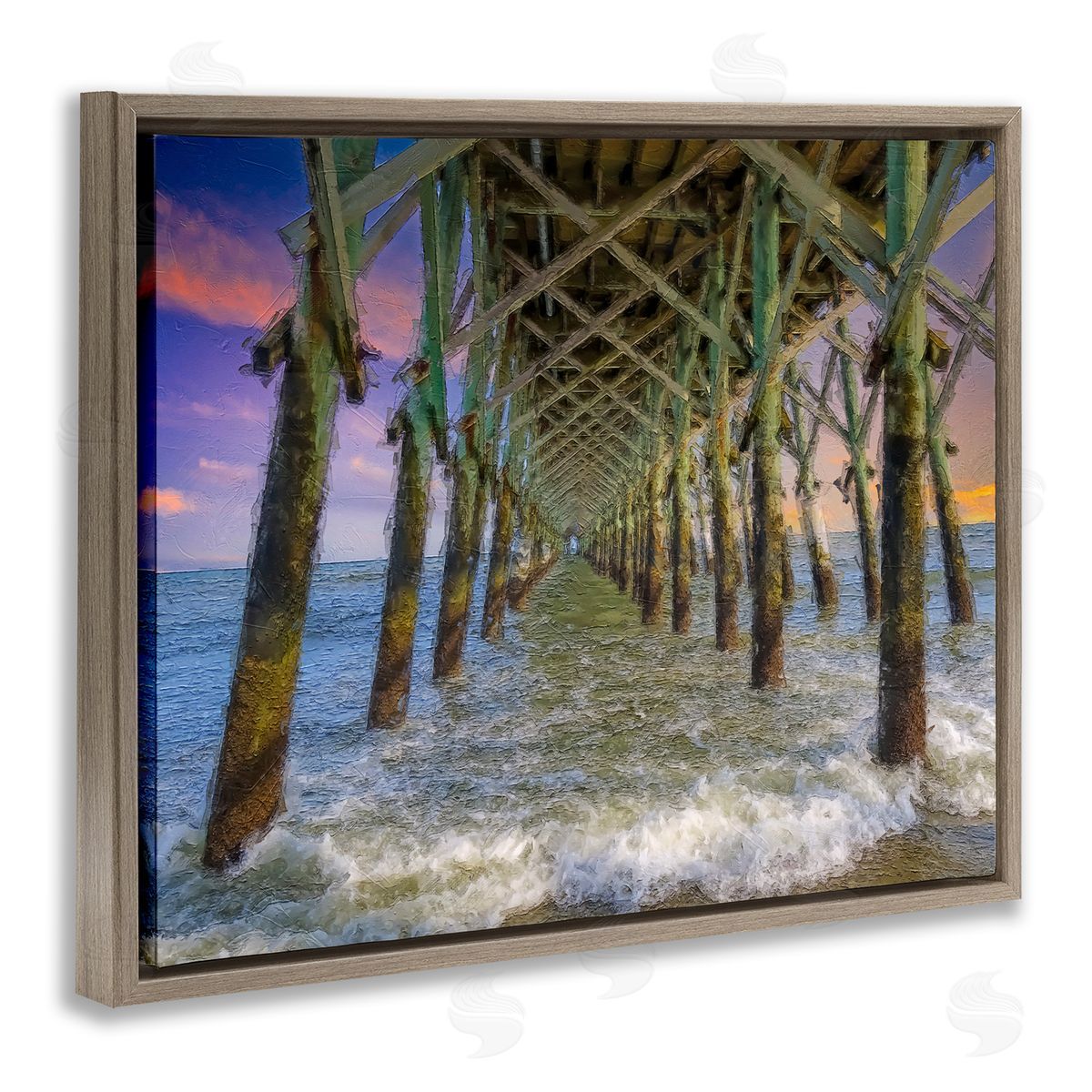 Daniel Sproul Ocean Foam Underneath Boardwalk Bridge Dock Sunset  Brown Floating Frame Canvas Wall Art Print