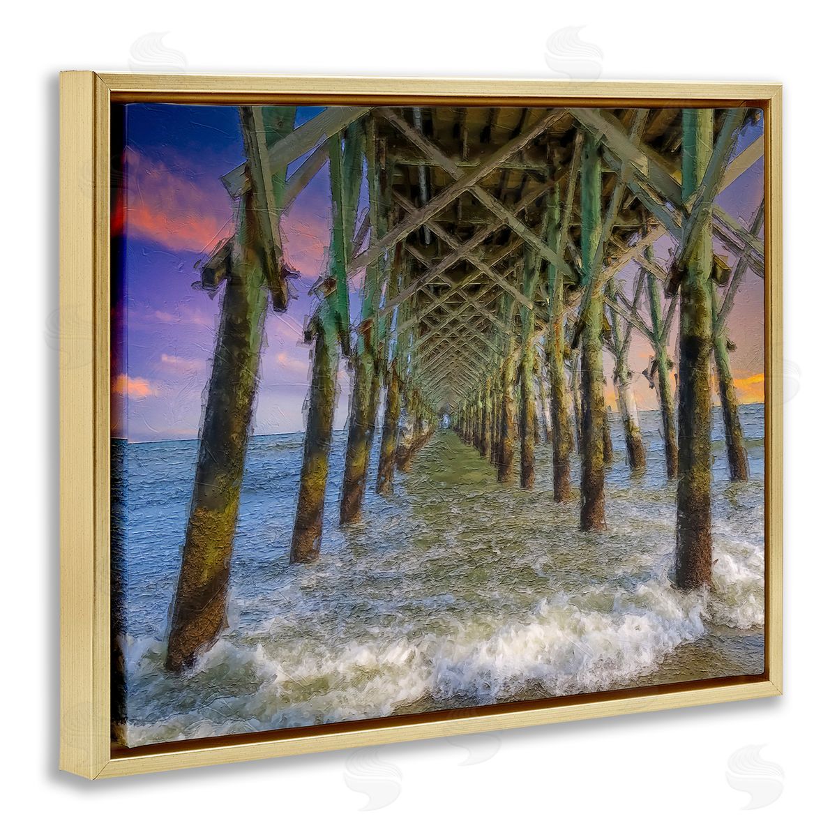 Daniel Sproul Ocean Foam Underneath Boardwalk Bridge Dock Sunset  Gold Floating Frame Canvas Wall Art Print