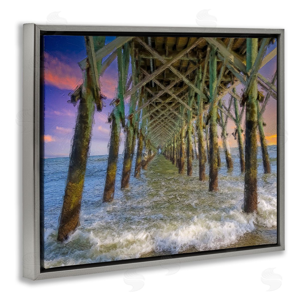 Daniel Sproul Ocean Foam Underneath Boardwalk Bridge Dock Sunset  Gray Floating Frame Canvas Wall Art Print