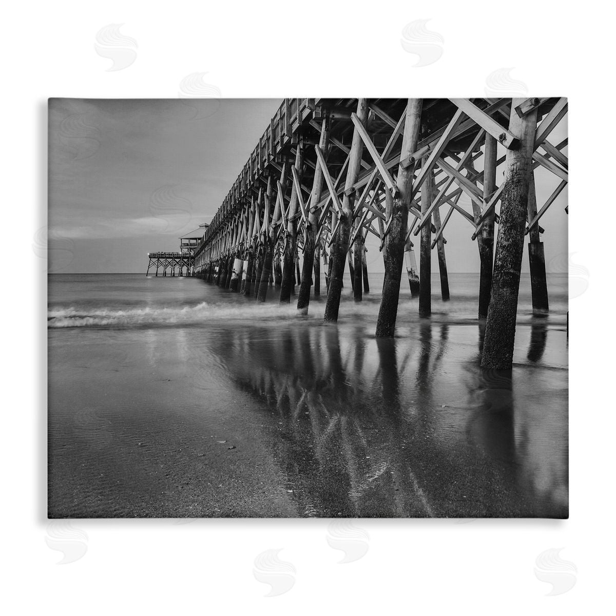 Daniel Sproul Grayscale Ocean Photography Tall Water Bridge Dock  Stretched Canvas Wall Art Print