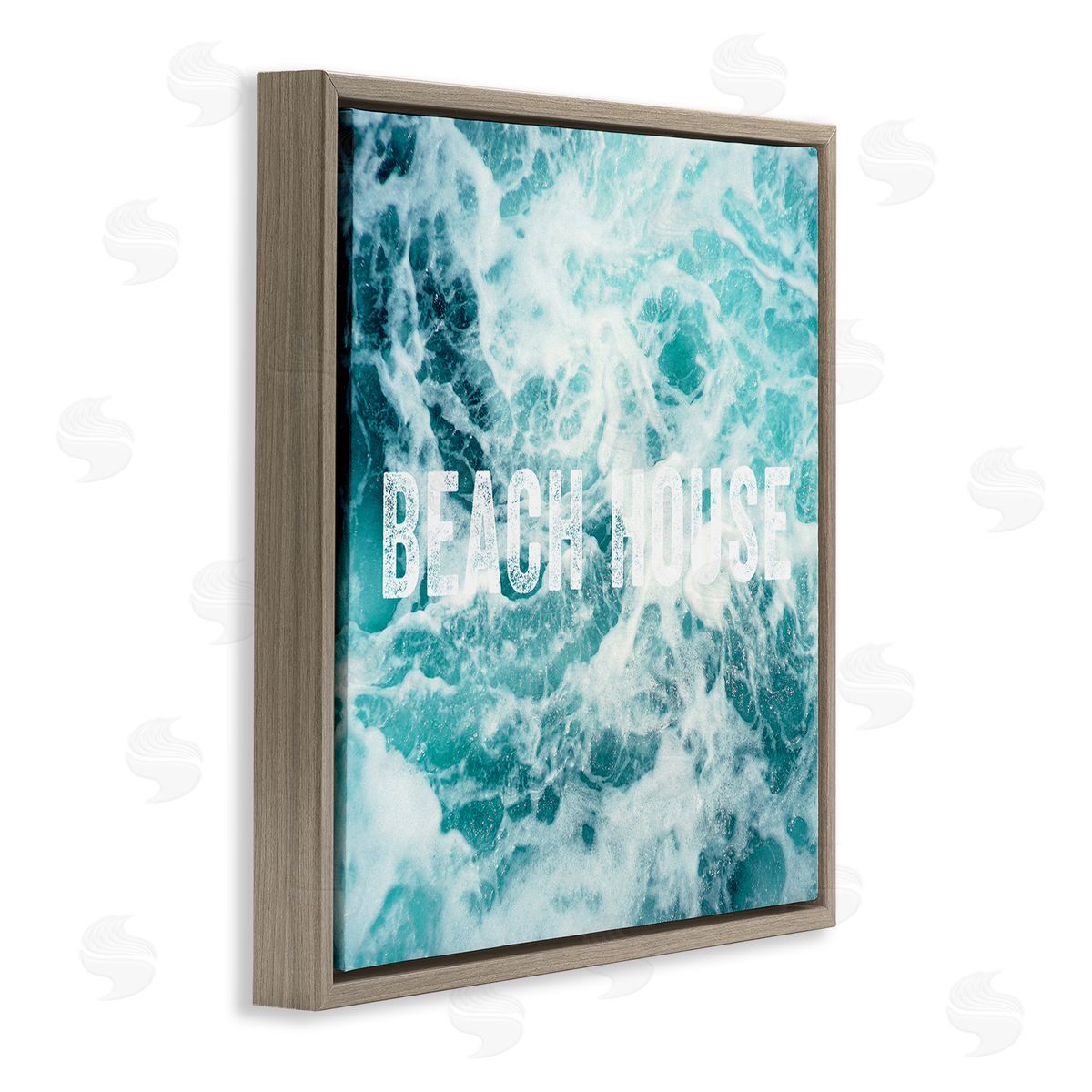 Amy Brinkman Beach House Text Foamy Ocean Waves Aerial View  Brown Floating Frame Canvas Wall Art Print