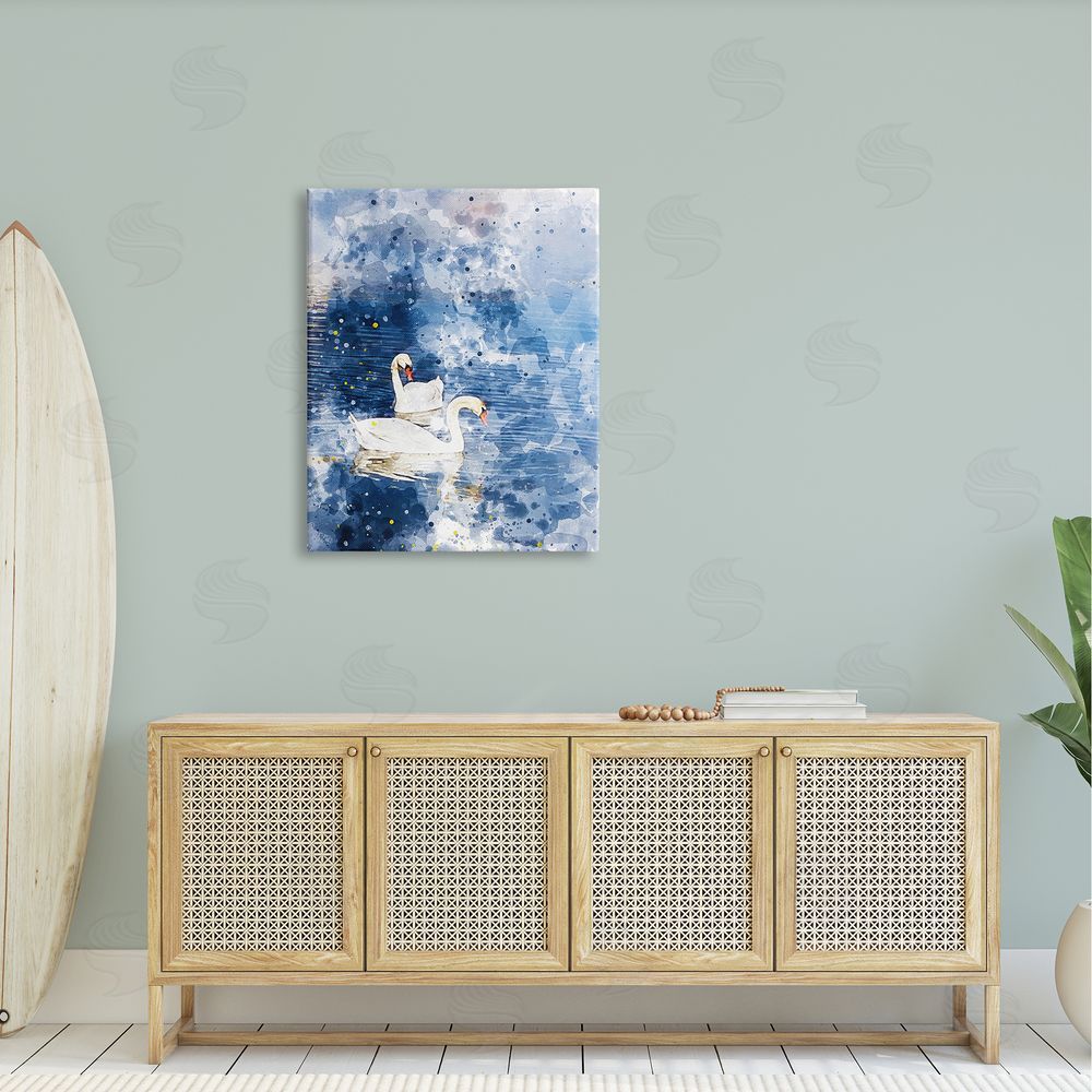 Chamira Young Speckled Blue Ocean Scenery Calm White Swans  Canvas Wall Art Print in Room