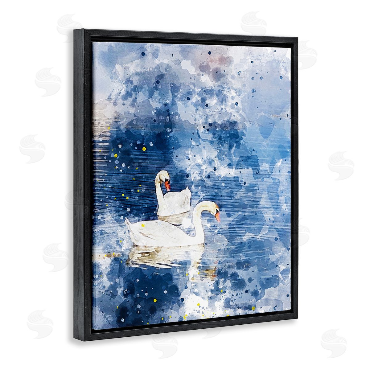 Chamira Young Speckled Blue Ocean Scenery Calm White Swans  Black Floating Frame Canvas Wall Art Print