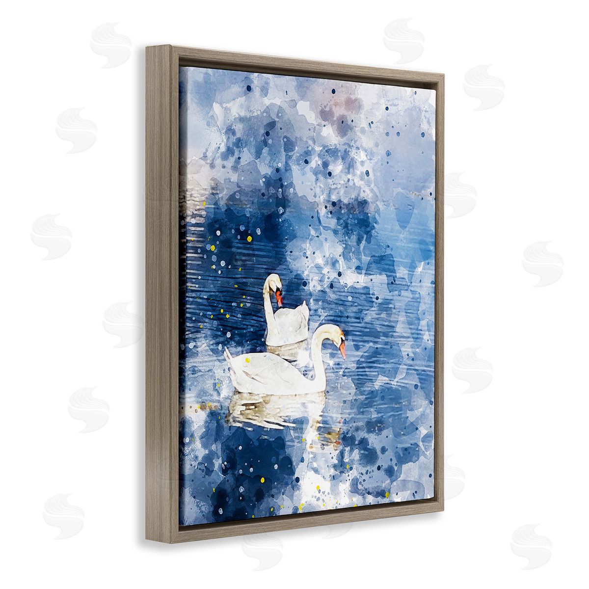 Chamira Young Speckled Blue Ocean Scenery Calm White Swans  Brown Floating Frame Canvas Wall Art Print