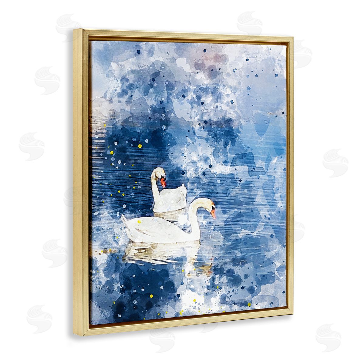 Chamira Young Speckled Blue Ocean Scenery Calm White Swans  Gold Floating Frame Canvas Wall Art Print
