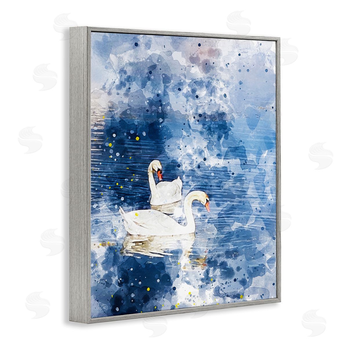 Chamira Young Speckled Blue Ocean Scenery Calm White Swans  Gray Framed Giclee Wall Art Print