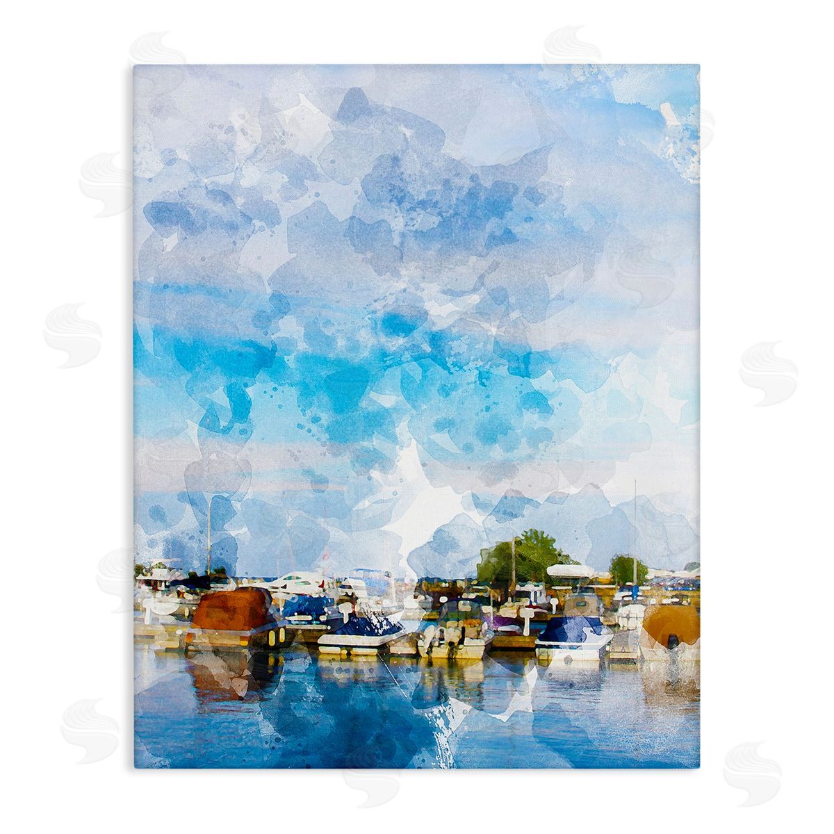 Chamira Young Summer Boats Docked Port Harbor Cloudy Blue Sky  Stretched Canvas Wall Art Print