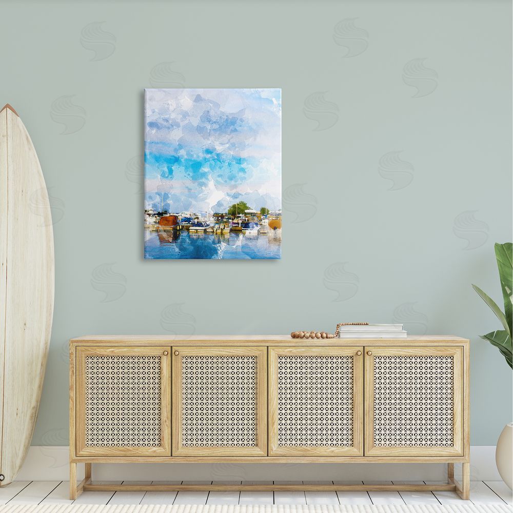 Chamira Young Summer Boats Docked Port Harbor Cloudy Blue Sky  Canvas Wall Art Print in Room