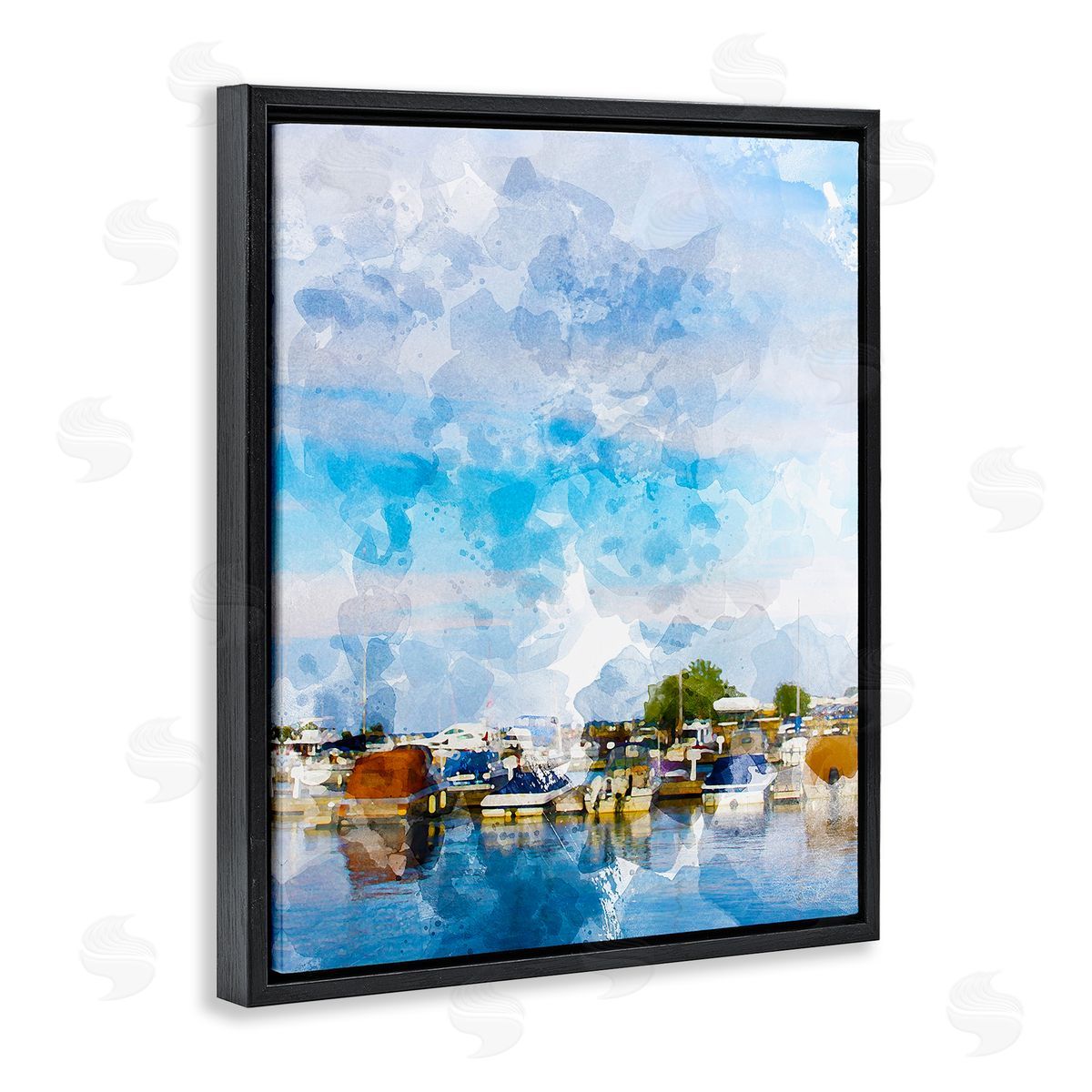 Chamira Young Summer Boats Docked Port Harbor Cloudy Blue Sky  Black Floating Frame Canvas Wall Art Print