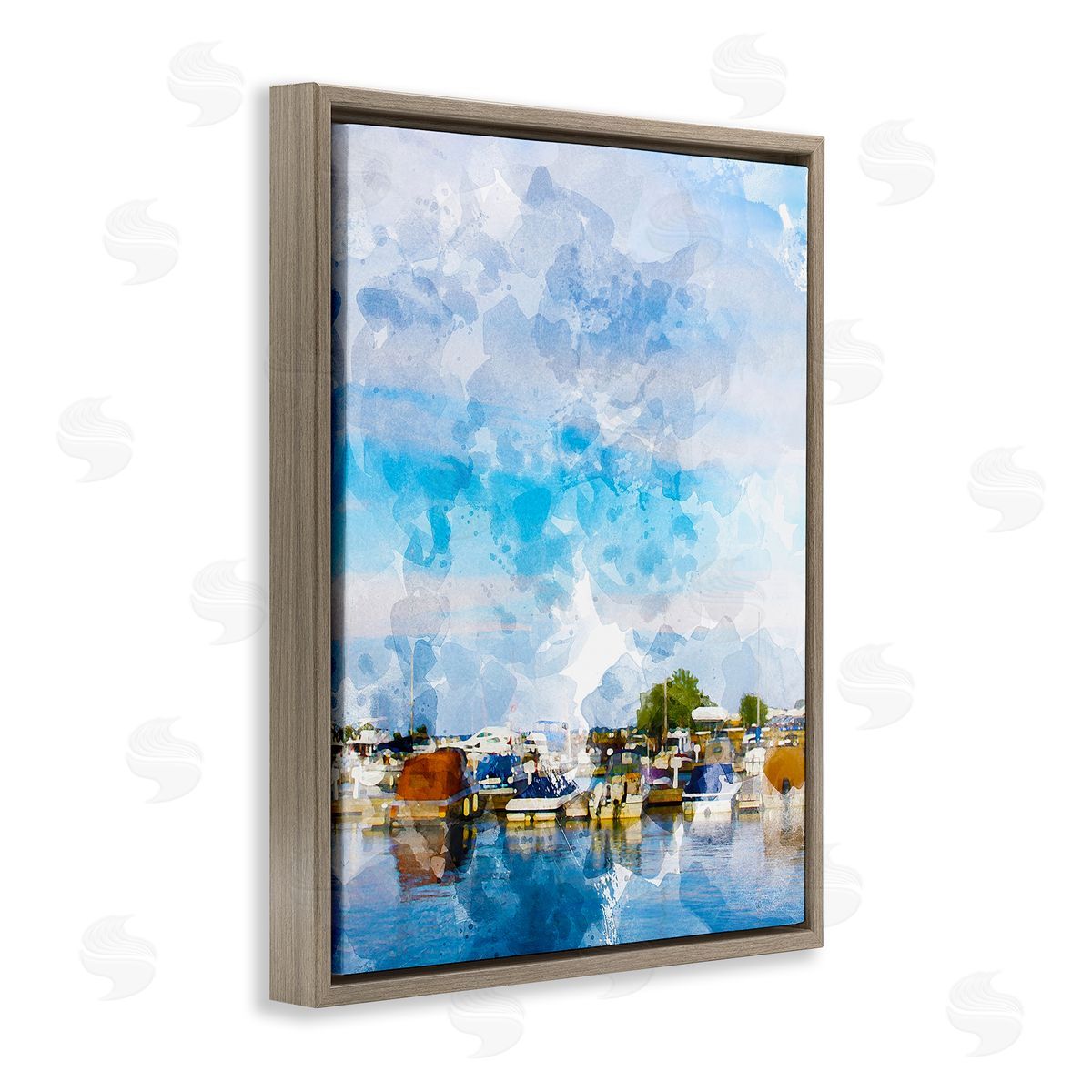Chamira Young Summer Boats Docked Port Harbor Cloudy Blue Sky  Brown Floating Frame Canvas Wall Art Print