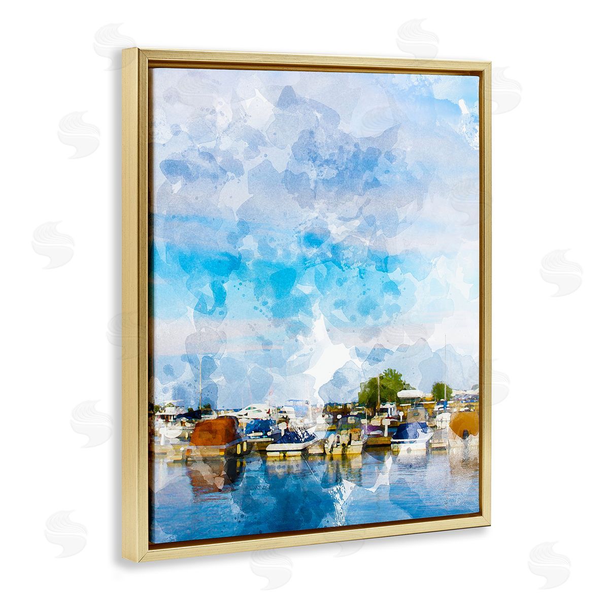 Chamira Young Summer Boats Docked Port Harbor Cloudy Blue Sky  Gold Floating Frame Canvas Wall Art Print