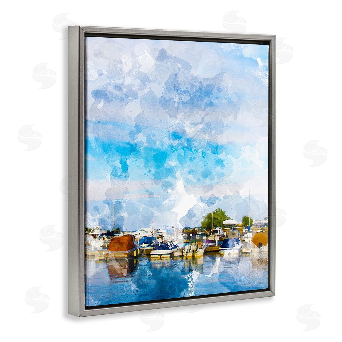 Chamira Young Summer Boats Docked Port Harbor Cloudy Blue Sky  Gray Floating Frame Canvas Wall Art Print