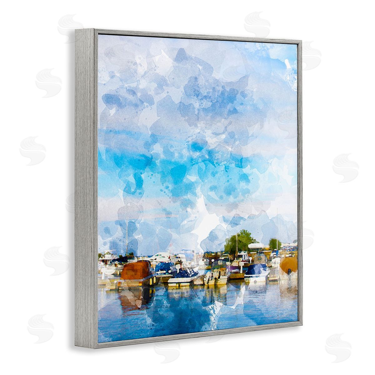 Chamira Young Summer Boats Docked Port Harbor Cloudy Blue Sky  Gray Framed Giclee Wall Art Print