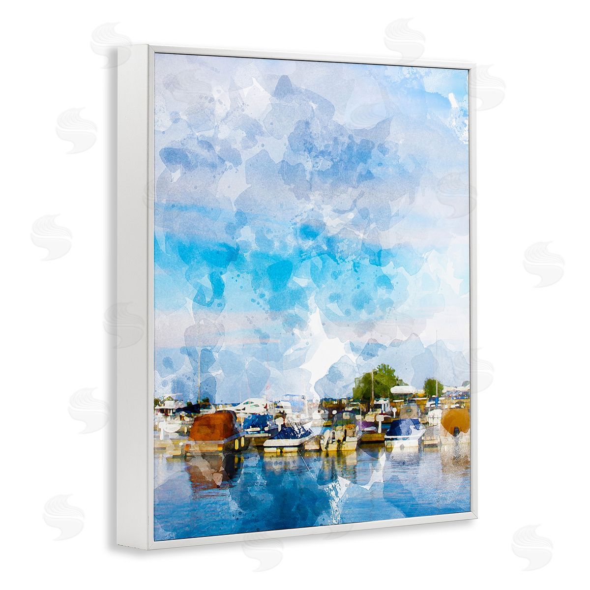 Chamira Young Summer Boats Docked Port Harbor Cloudy Blue Sky  White Framed Giclee Wall Art Print