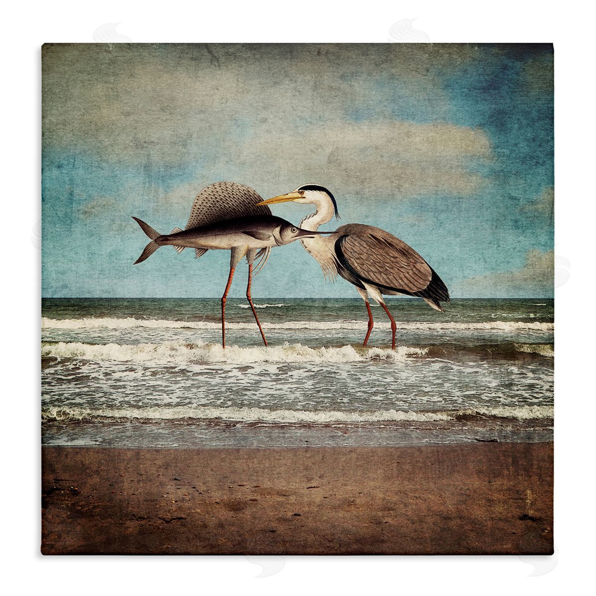 Paula Belle Flores Quirky Surreal Fish Bird Animals Beach Shoreline  Stretched Canvas Wall Art Print