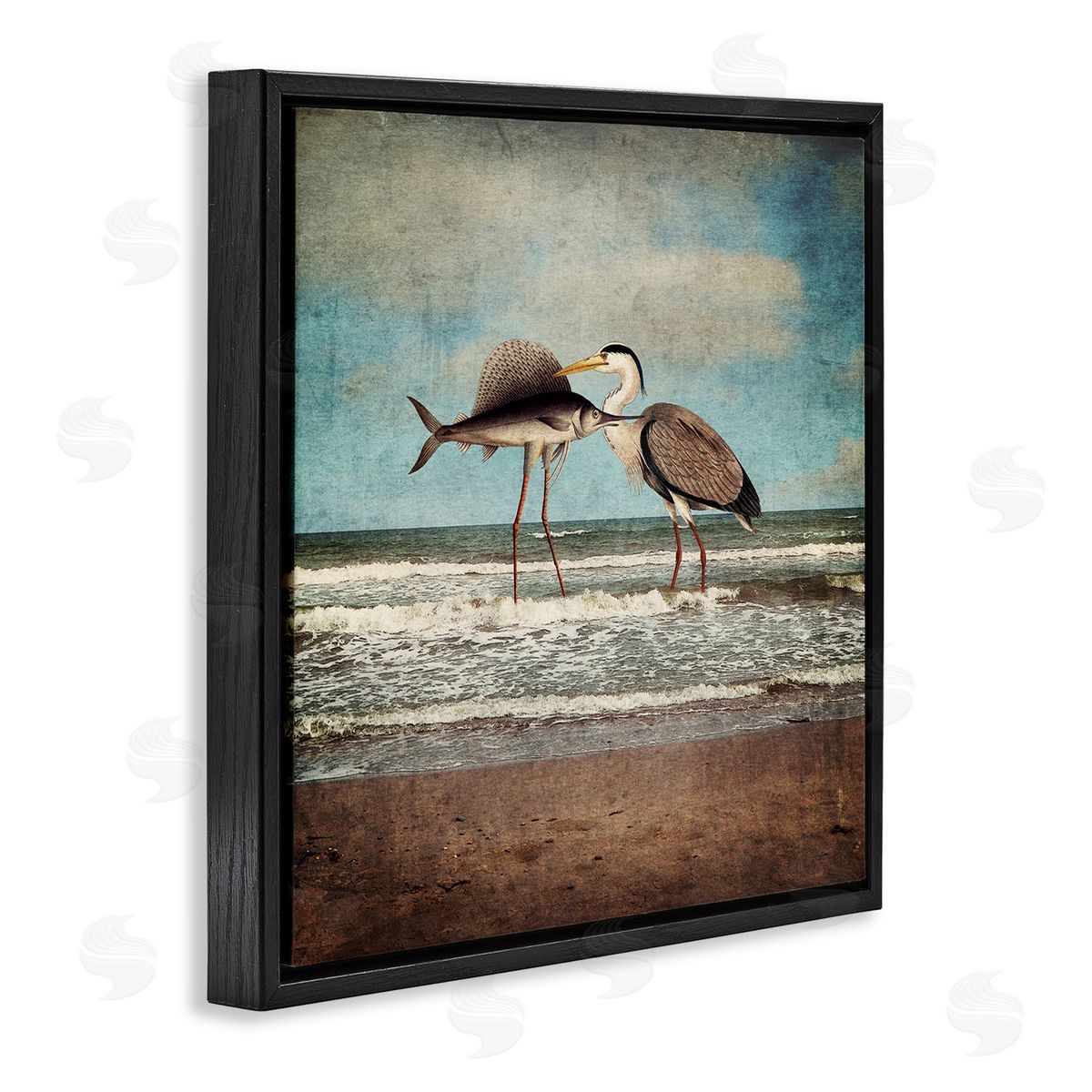 Paula Belle Flores Quirky Surreal Fish Bird Animals Beach Shoreline  Black Floating Frame Canvas Wall Art Print