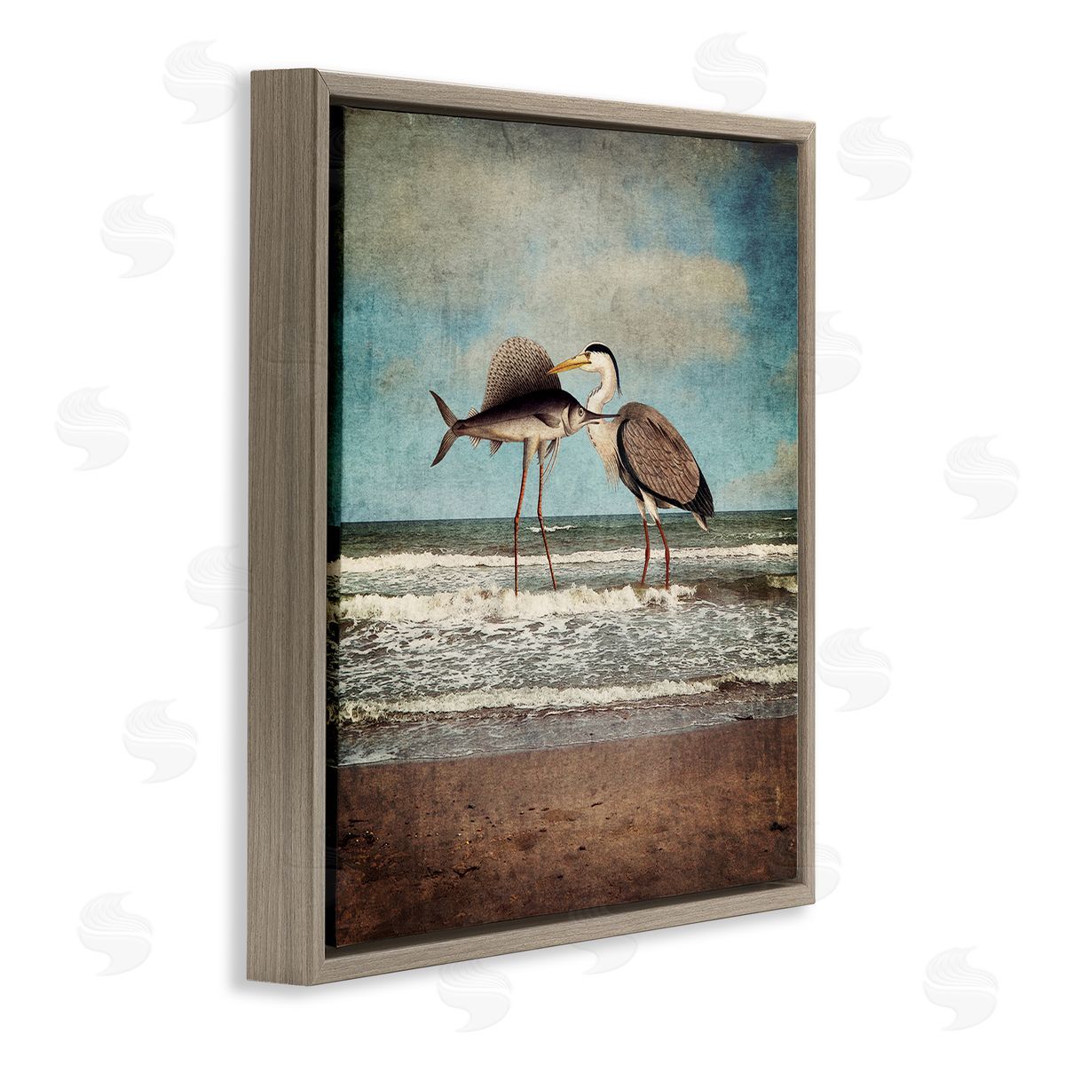 Paula Belle Flores Quirky Surreal Fish Bird Animals Beach Shoreline  Brown Floating Frame Canvas Wall Art Print