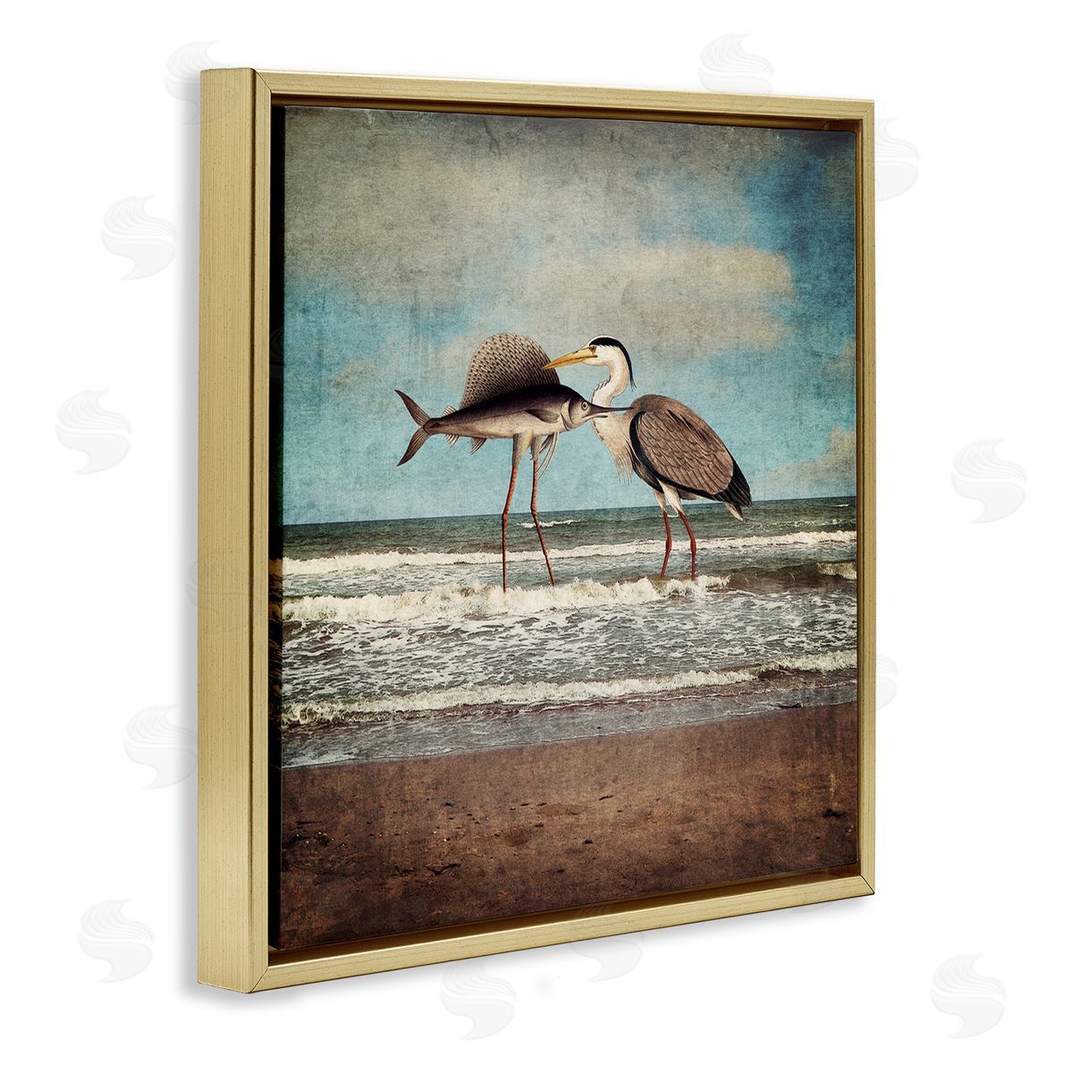 Paula Belle Flores Quirky Surreal Fish Bird Animals Beach Shoreline  Gold Floating Frame Canvas Wall Art Print
