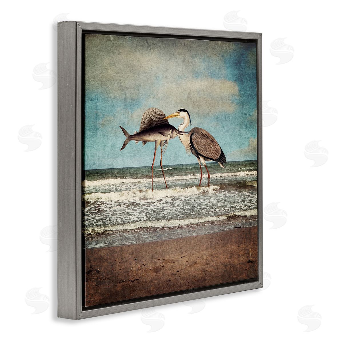 Paula Belle Flores Quirky Surreal Fish Bird Animals Beach Shoreline  Gray Floating Frame Canvas Wall Art Print
