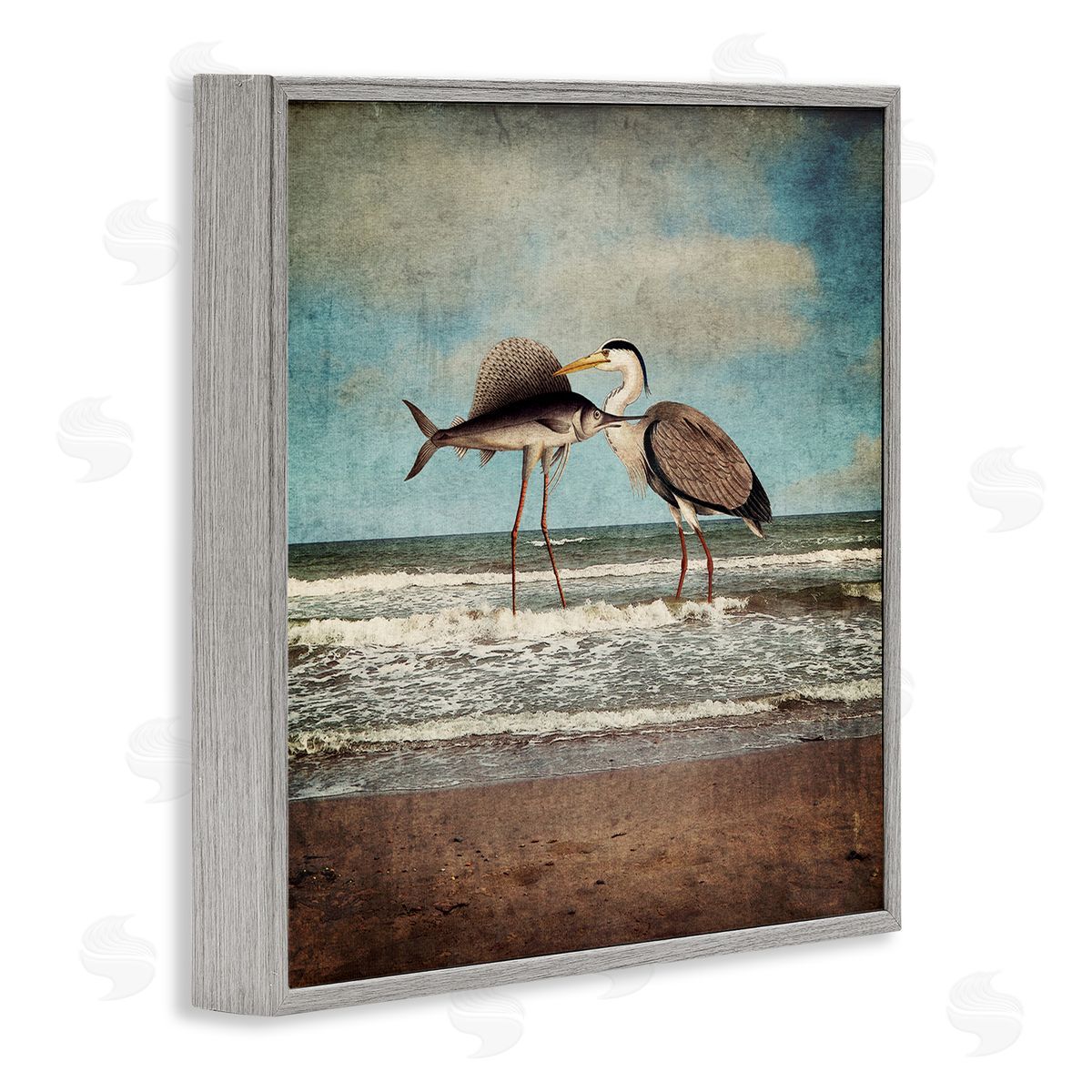 Paula Belle Flores Quirky Surreal Fish Bird Animals Beach Shoreline  Gray Framed Glicee Wall Art Print