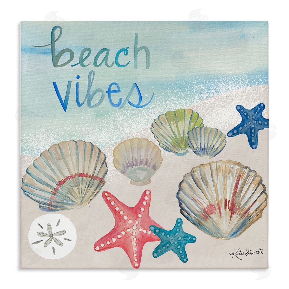 Katie Doucette Beach Vibes Calligraphy Trendy Seashells Starfish Painting  Stretched Canvas Wall Art Print