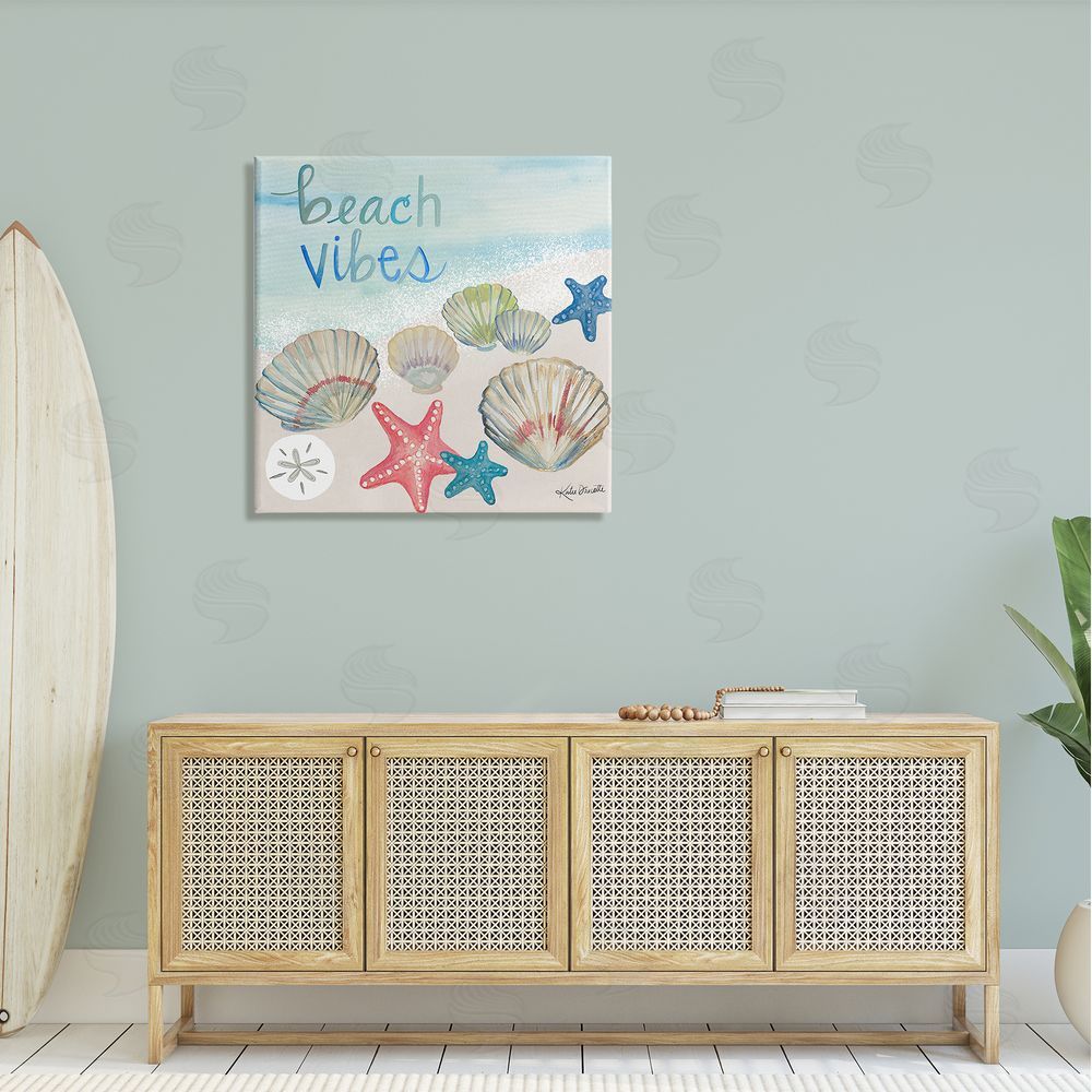 Katie Doucette Beach Vibes Calligraphy Trendy Seashells Starfish Painting  Canvas Wall Art in Room