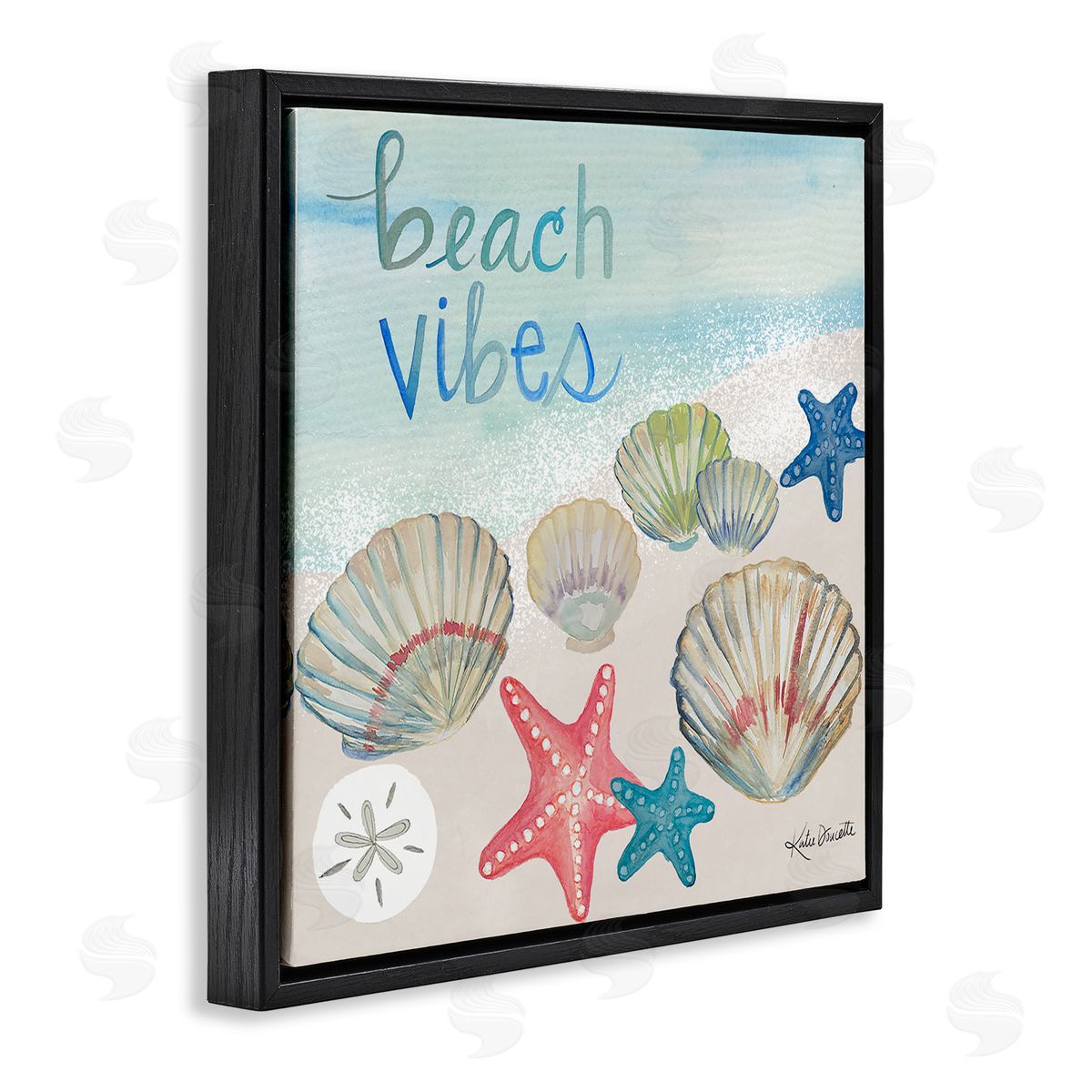 Katie Doucette Beach Vibes Calligraphy Trendy Seashells Starfish Painting  Black Floating Frame Canvas Wall Art Print